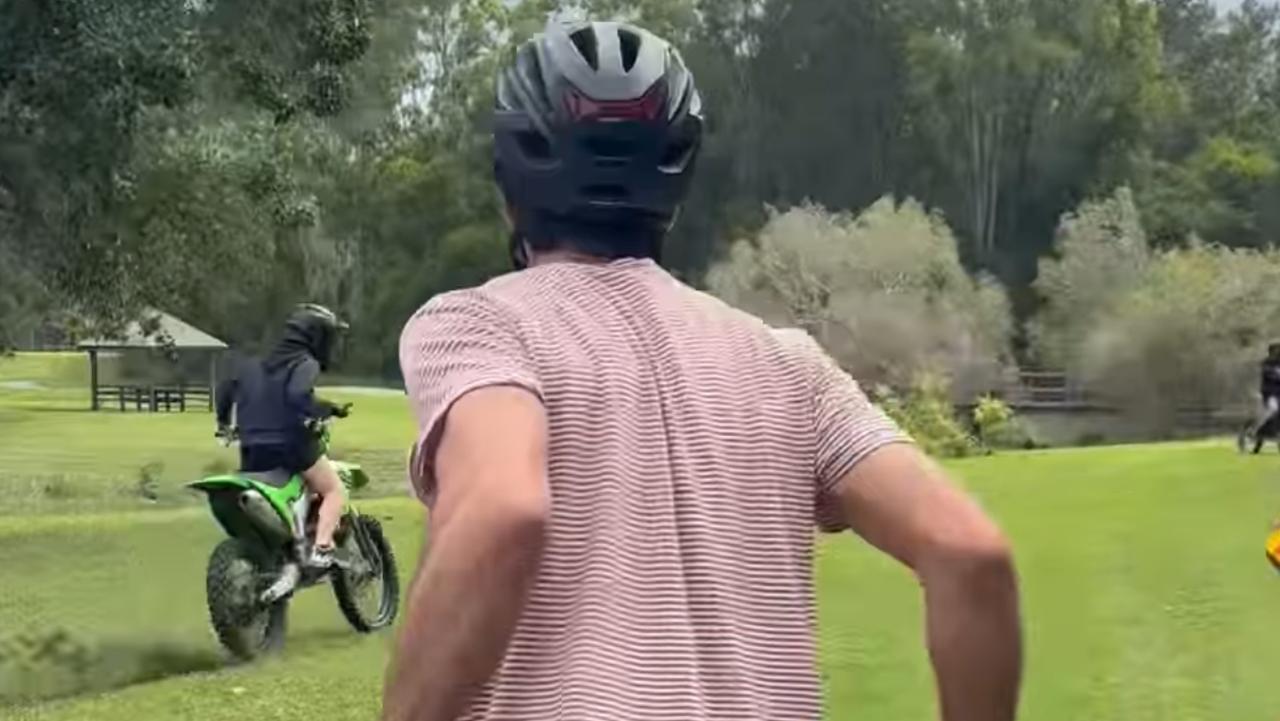 Parents on bikes with young children confront teenagers terrorising park users at Mudgeeraba in the Gold Coast hinterland.