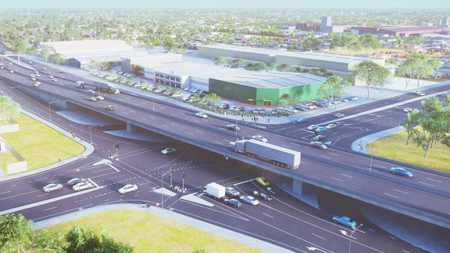 An artist impression of proposed overpass on the corner of Regency Rd and South Rd. Supplied by state government