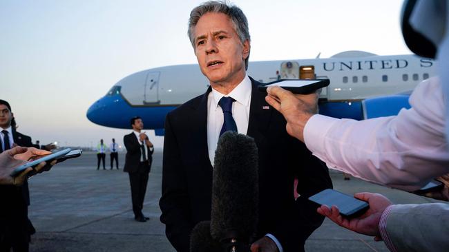 US Secretary of State Antony Blinken speaks to the media before boarding his plane in Cairo en route to Jordan on October 15, 2023. Picture: AFP