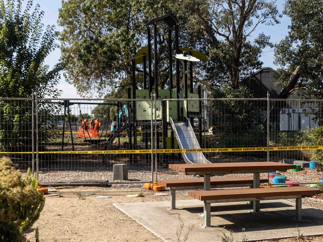 A playground was fenced off at Hosken Reserve in Coburg North where asbestos was found. Picture: Diego Fedele