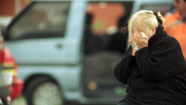 A shattered Judy Moran sobs at Jason’s murder scene. Picture: Peter Smith