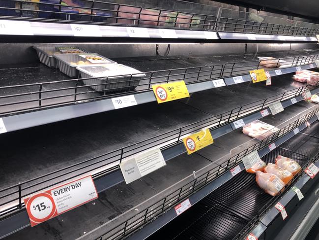 Pre covid round two lockdown shopping. Coles in South Melbourne with near empty meat shelves. (iPhone image) Wednesday, July 8, 2020. Picture: David Crosling