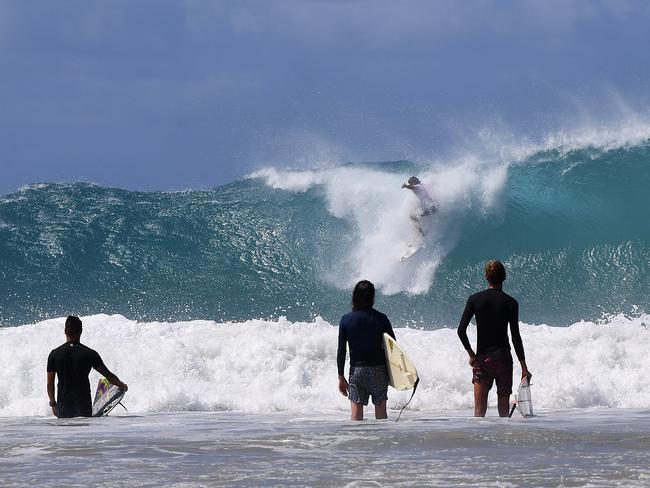 A surfer drops into a wave at Snapper Rocks on the Gold Coast, Thursday, February 21, 2019. Huge swells and high tides are set to pummel South East Queensland beaches over the coming days as Cyclone Oma tracks towards the Queensland coast. (AAP Image/Dave Hunt)