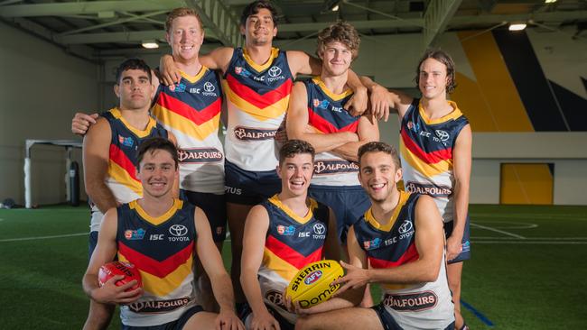 Adelaide’s generation next, from left to right; Back: Tyson Stengle, Kieran Strachan, Shane McAdam, Jordan Butts, Will Hamill; Front: Chayce Jones, Ned McHenry, Lachlan Sholl. Picture: Alex Aleshin