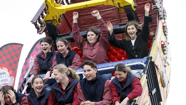 Journalist Nat riding the Pirate Ship at the Royal Adelaide Show. Picture: Brett Hartwig