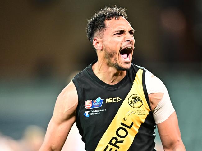 Glenelg's Marlon Motlop Celebrates at the SANFL Preliminary Final at Adelaide Oval . Picture: SANFL