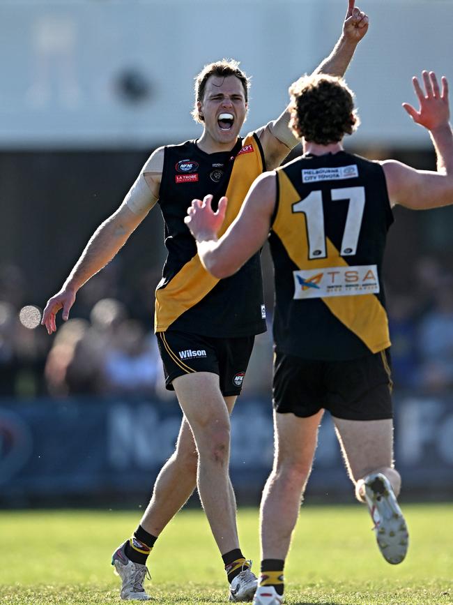 Zane Barzen celebrates a goal for Heidelberg. Picture: Andy Brownbill