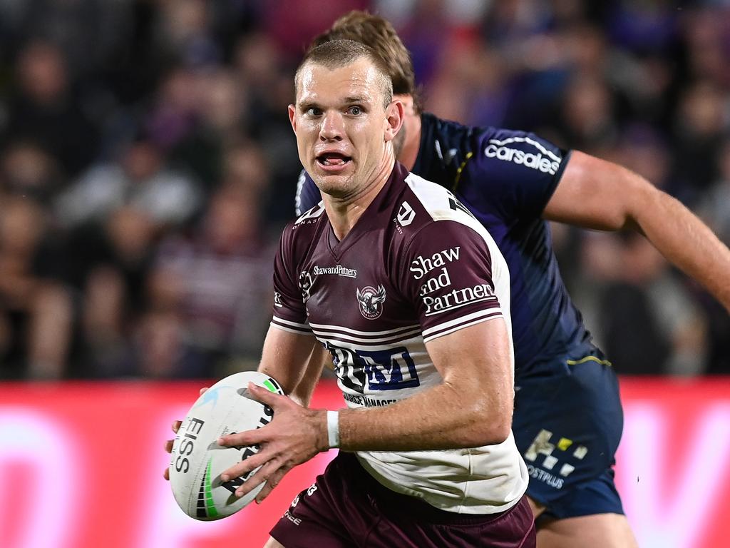 Manly superstar Tom Trbojevic is ready for a big game in Friday’s semi-final against the Sydney Roosters. Picture: Bradley Kanaris/Getty Images