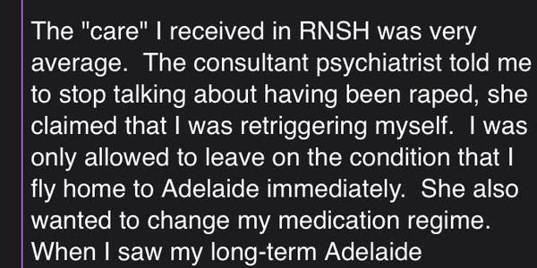 The woman says she was ‘sectioned’ over mental health concerns when she visited Sydney to deal with the allegations.