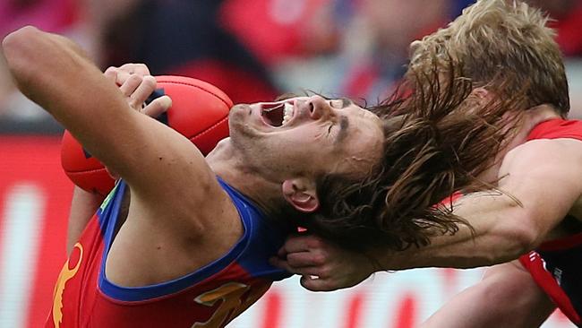 Rhys Mathieson wins a free kick against Melbourne. Picture: Wayne Ludbey