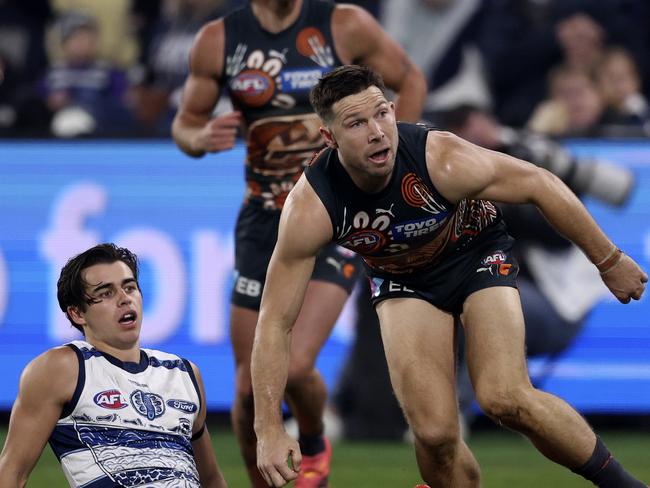 Toby Greene watches the ball sail towards goal during the final quarter on Saturday. Picture: Martin Keep/AFL Photos/Getty Images.