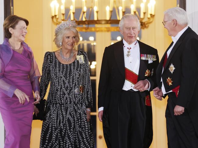 BERLIN, GERMANY - MARCH 29: President of Germany Frank-Walter Steinmeier and First Lady Elke BÃÂ¼denbender welcome King Charles III and Camilla, Queen Consort to Belleuvue Palace on March 29, 2023 in Berlin, Germany. The King and The Queen Consort's first state visit to Germany will take place in Berlin, Brandenburg and Hamburg from Wednesday 29th March to Friday 31st March 2023. The King and Queen Consort's state visit to France, which was scheduled March 26th - 29th, has been postponed amid mass strikes and protests. (Photo by Chris Jackson/Getty Images)