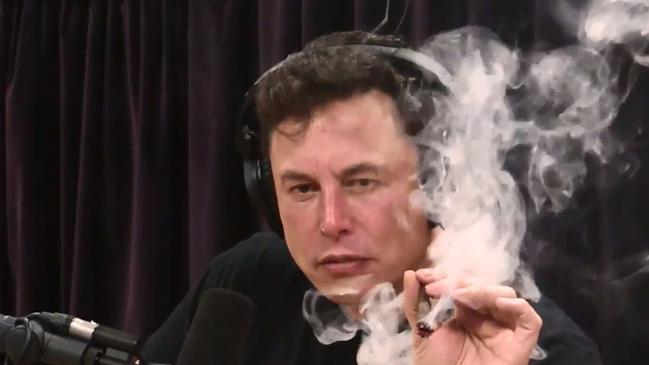 Elon Musk appeared to smoke marijuana on the Joe Rogan Experince podcast. Picture: The Joe Rogan Experience