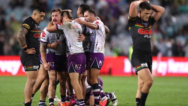 Cameron Smith and the Storm celebrate victory at fulltime Picture: Getty Images