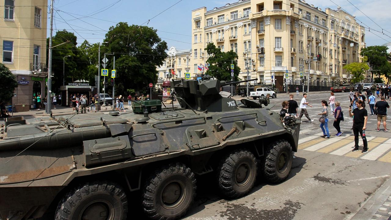 An armoured personnel carrier in the city of Rostov-on-Don, pictured on June 24, 2023. Picture: Stringer/AFP