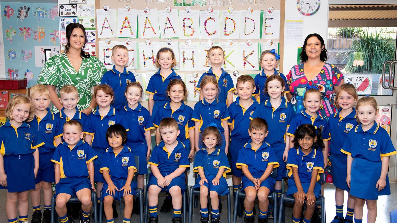 MY FIRST YEAR 2024: Mater Dei Primary School Prep Garnetstudents with teacher Mrs Kimberley Tomasel (left) and teacher's aide Mrs Rachel Clark, February 2024. Picture: Bev Lacey