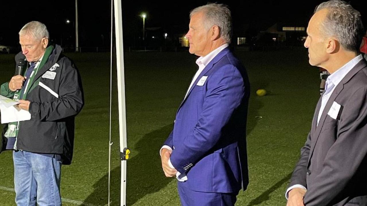 Geelong councillors Peter Murrihy (centre) and Eddy Kontelj (right) at Hamlyn Park in 2021 for the official opening of new light towers.