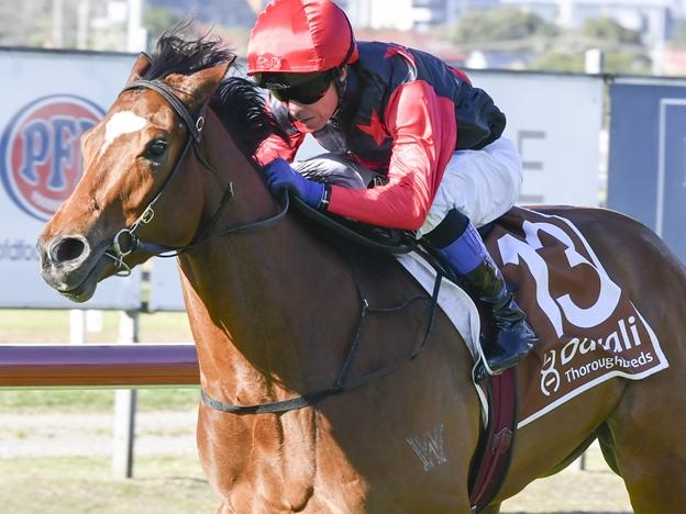 Snow In May, pictured winning at Newcastle on August 29, is one of the key challengers to favourite Autumn Glow in Saturday's Group 1 Flight Stakes at Randwick. Picture: Bradley Photos