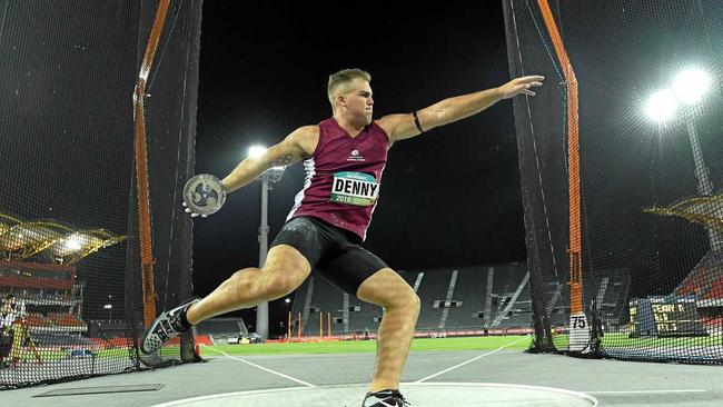 Gold medalist Matthew Denny of Queensland is seen during the Mens Discus final the Australian Athletics Championships competition at Carrara Stadium on the Gold Coast, Friday, February 16, 2018. Picture: DAVE HUNT