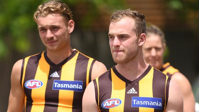 James Worpel (left) stepped into Tom Mitchell’s role brilliantly against Adelaide. Picture: Julian Smith. 