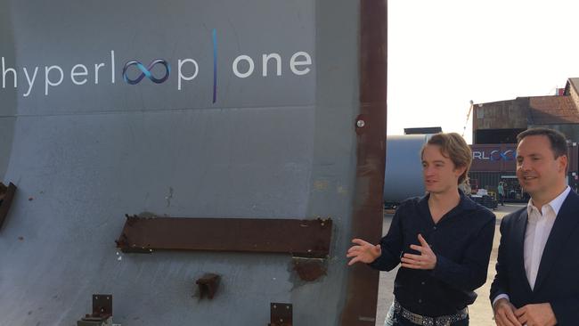 Gold Coast-based Federal Tourism, Trade and Investment Minister Steve Ciobo on a recent visit to the HQ in LA of Hyperloop One, which are behind a new hi-tech transport system that slashes travel times. Pictured on Steve's left in both photos is levitation engineer Dr Casey Handmer