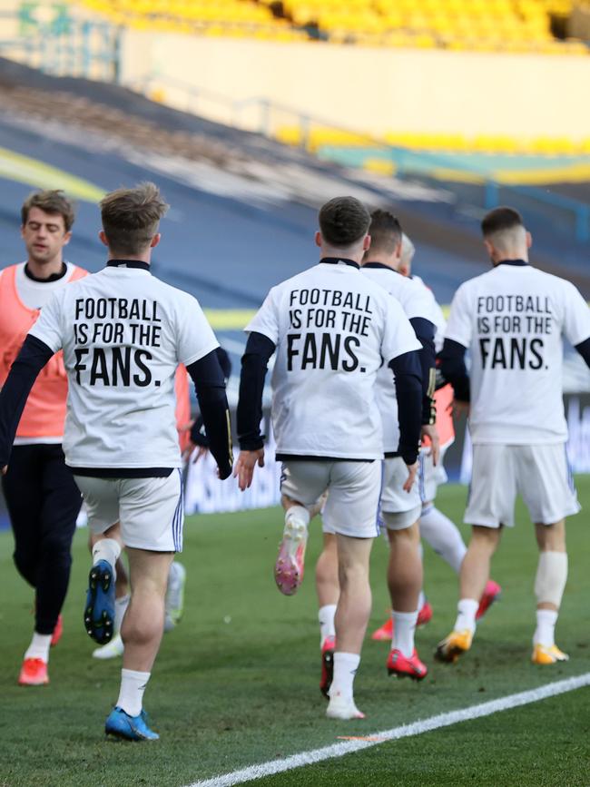 Leeds United players wear T-shirts against the Super League. Picture: Getty