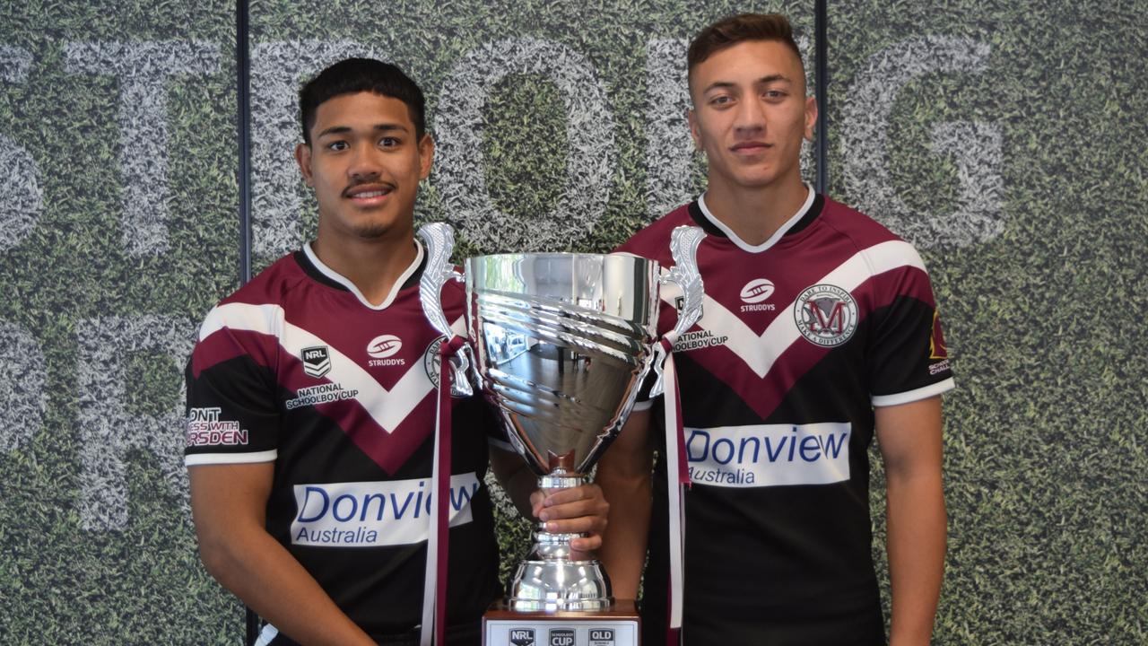 Marsden State High School co-captains Tyrone Sa'U (left) and Konrad Tu'ua (right) with the Phil Hall Cup. Picture: Colleen Edwards, QRL