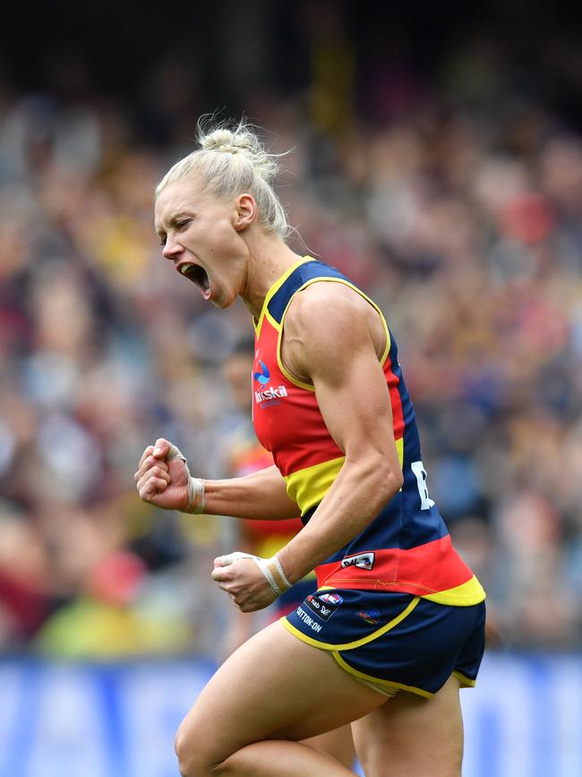 Crows co-captain Erin Phillips reacts after scoring a goal during Adelaide’s AFLW Grand Final win over Carlton at the Adelaide Oval on March 31, 2019. Picture: AAP IMAGE/DAVID MARIUZ