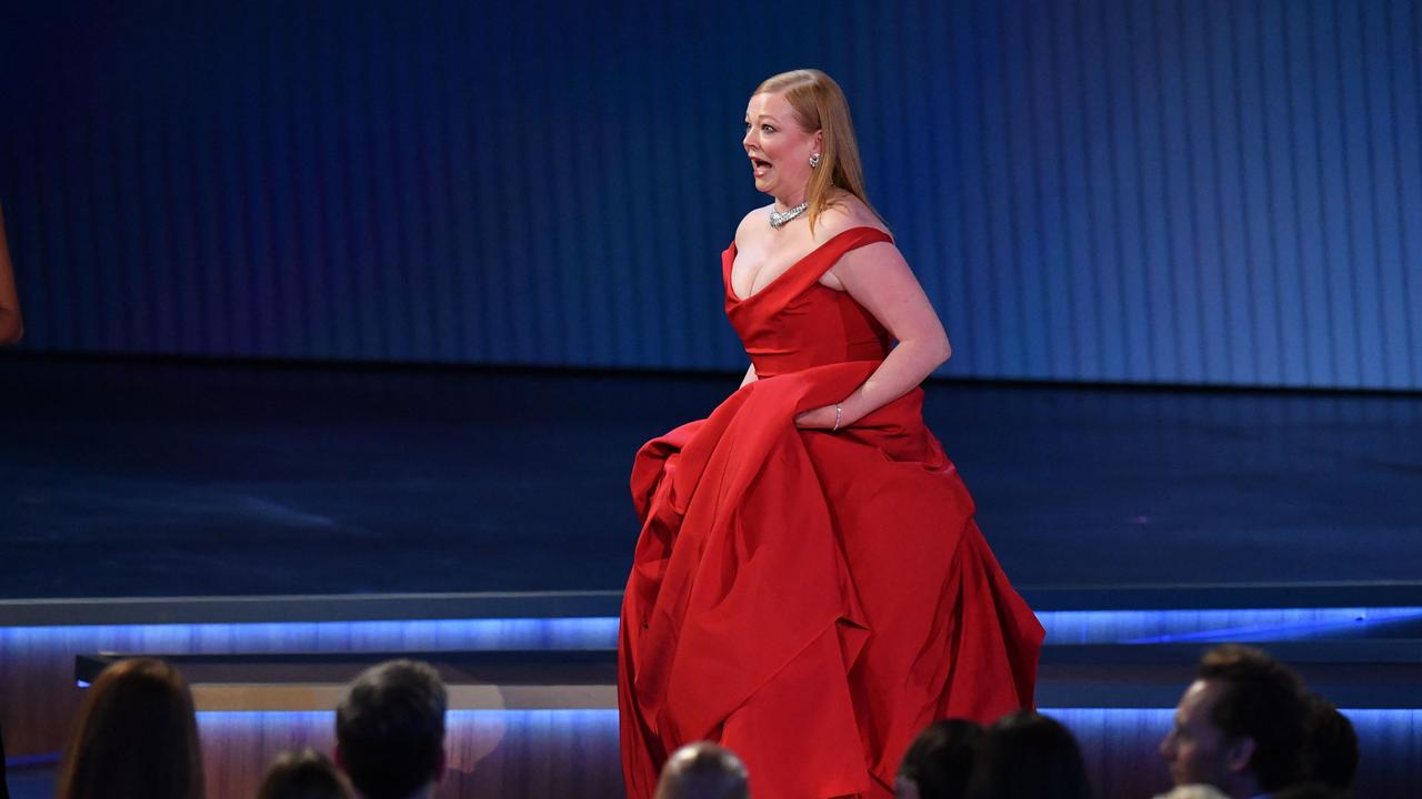 Australian actor Sarah Snook accept the award for Outstanding Lead Actress in a Drama Series for "Succession" during the 75th Emmy Awards. Picture: AFP / Valerie Macon.