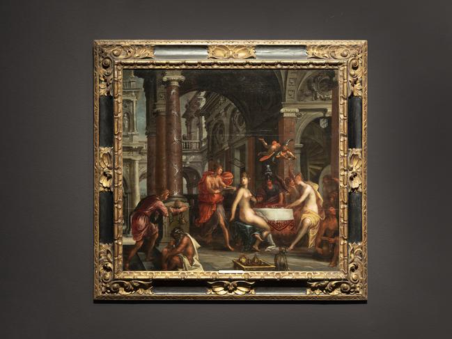 Hans Vredeman de Vries , born Leeuwarden, Netherlands 1527 , died Antwerp, Flanders (Belgium) c.1607 , The judgement of Paris , oil on panel , 107.5 x 116.0 x 8.0 cm (frame ) ; Private collection, Melbourne