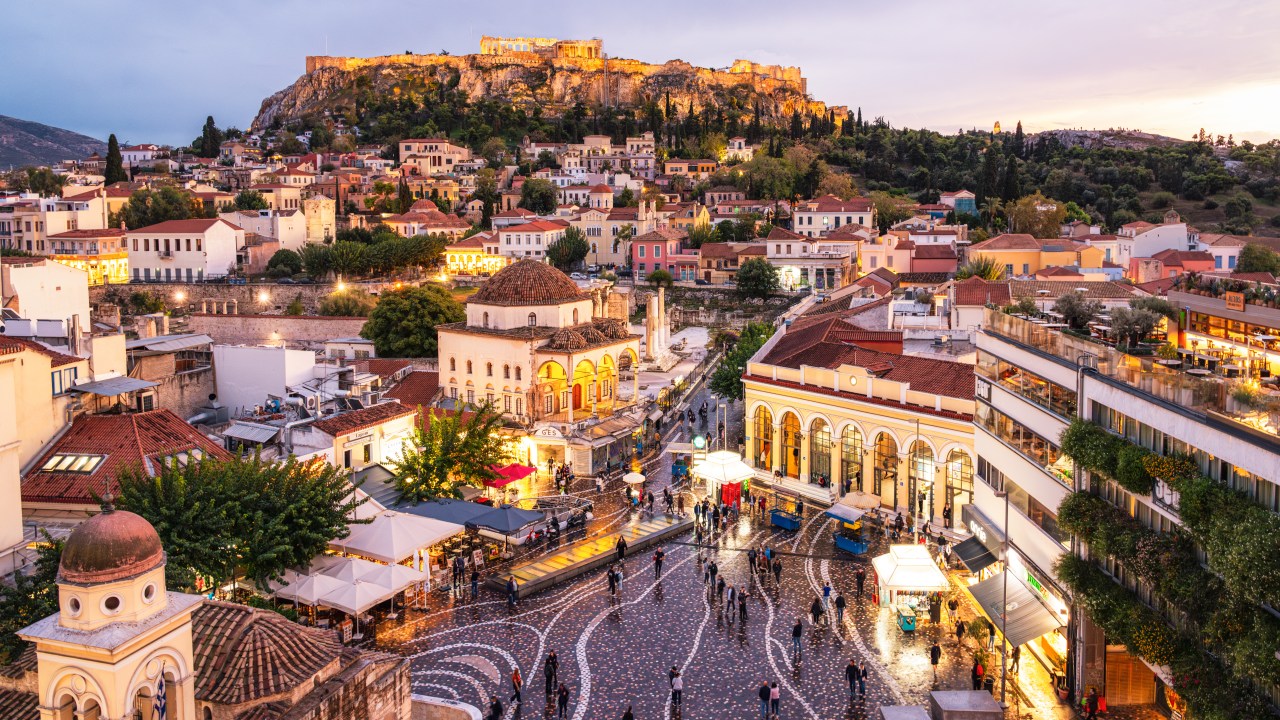Monastiraki Square and the Parthenon on the Acropolis on the horizon
