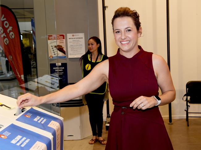 Opposition Leader Lia Finocchiaro casts her ballot for the 2020 Territory Election at Gateway Palmerston . Picture Katrina Bridgeford.