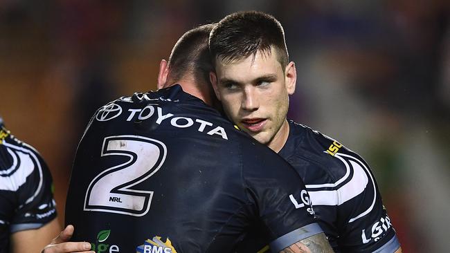 TOWNSVILLE, AUSTRALIA - MAY 18: Tom Opacic of the Cowboys celebrates after scoring a try during the round 10 NRL match between the North Queensland Cowboys and the Parramatta Eels at 1300SMILES Stadium on May 18, 2019 in Townsville, Australia. (Photo by Ian Hitchcock/Getty Images)