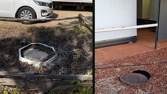 Septic tank lids in Katherine (left) and the Barkly region (right) taken after children fell into the sewage pits. The warning was issued in August, just eight months before a child fell into a sewage pit and later died in hospital in Alice Springs. Picture: NT WorkSafe