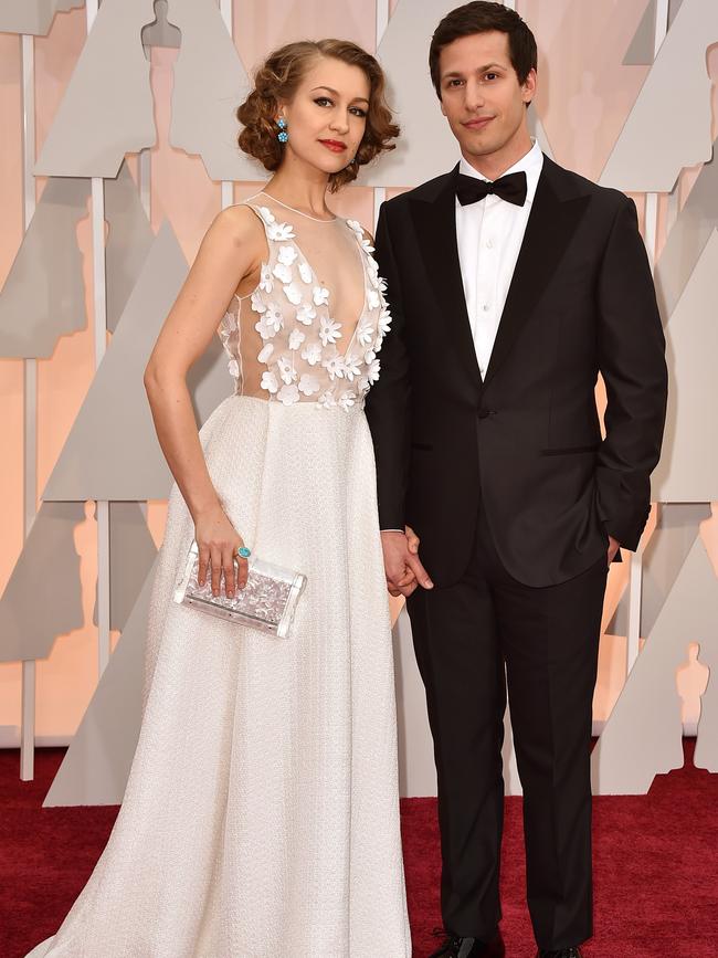 Andy Samberg and Joanna Newsom arrive at the Oscars 2015 red carpet. Picture: AP