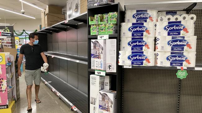 An empty toilet paper shelf at Woolworths Narrabeen. Picture: Tim Hunter