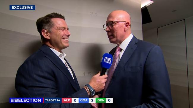 Karl Stefanovic interviews Peter Dutton at Liberal HQ - Channel 9 live coverage of the election. Picture: Channel 9