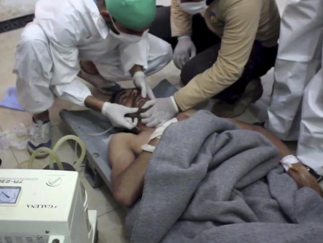 A victim of a suspected chemical attack receives treatment at a makeshift hospital, in the town of Khan Sheikhun, northern Idlib province, Syria. Picture: AP/Edlib Media Centre