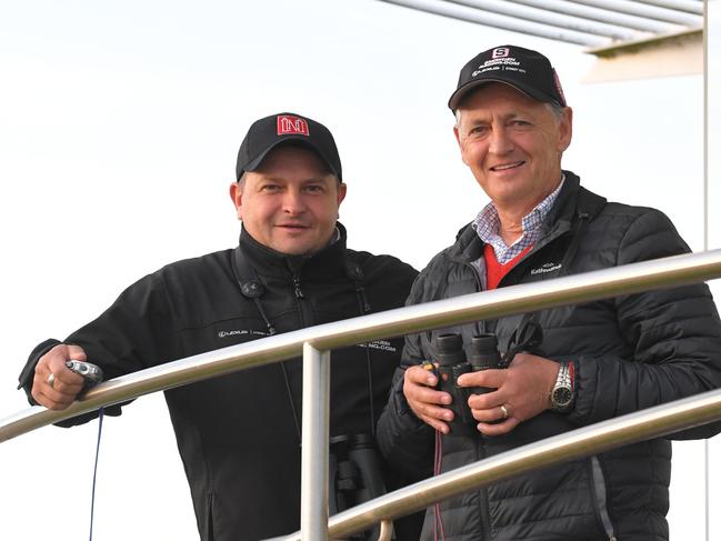 Redzel trainers Peter (right) and Paul Snowden are seen during trackwork at Royal Randwick Racecourse in Sydney, Monday, October 14, 2019. (AAP Image/Simon Bullard) NO ARCHIVING, EDITORIAL USE ONLY