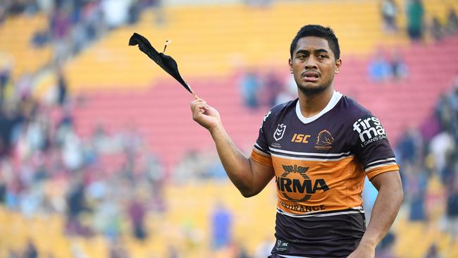 Anthony Milford of the Broncos reacts following the Round 13 NRL match between the Brisbane Broncos and the Gold Coast Titans at Suncorp Stadium in Brisbane, Sunday, June 9, 2019. (AAP Image/Dave Hunt) NO ARCHIVING, EDITORIAL USE ONLY