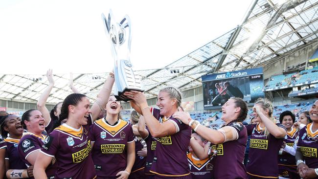 Broncos Brittany Breayley and Broncos Ali Brigginshaw celebrate victory in the NRLW Premiership match. Picture: Brett Costello