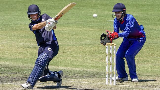 Dowling Shield: Oliver Will batting for Prahran and Frankston keeper Cooper Huggard. Picture: Valeriu Campan