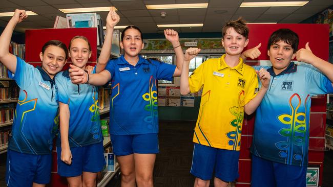 Stuart Park Primary School school captains Angela Mouzourakis, Lili Johnston, Eva Tsirogianis, Austin Robinson and Caleb Nathanael said the Middle Schoolers for the Day program was helping them prepare for next year. Picture: Pema Tamang Pakhrin