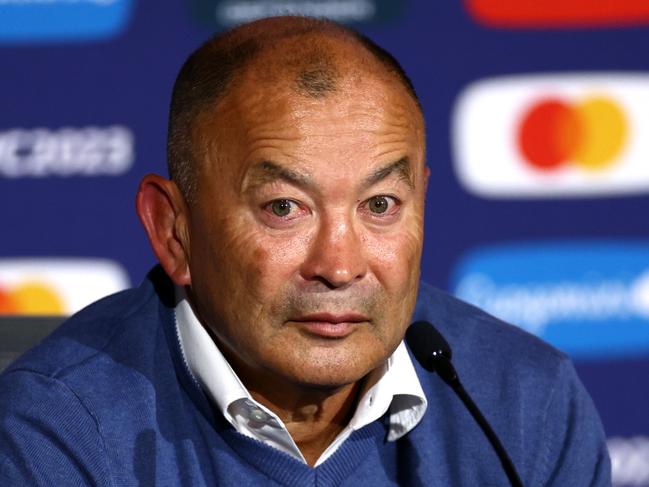 LYON, FRANCE - SEPTEMBER 24: Eddie Jones, Head Coach of Australia, speaks to the media in the post match press conference following the Rugby World Cup France 2023 match between Wales and Australia at Parc Olympique on September 24, 2023 in Lyon, France. (Photo by Chris Hyde/Getty Images)