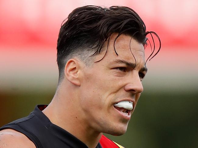 GOLD COAST, AUSTRALIA - SEPTEMBER 19: Dylan Shiel of the Bombers celebrates a goal during the 2020 AFL Round 18 match between the Essendon Bombers and the Melbourne Demons at Metricon Stadium on September 19, 2020 in Gold Coast, Australia. (Photo by Michael Willson/AFL Photos via Getty Images)