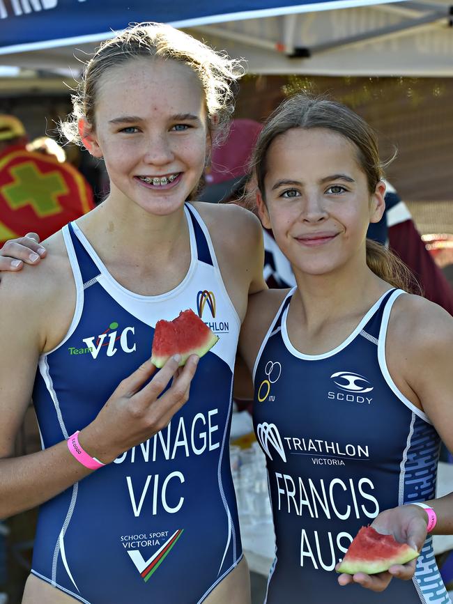 Bunnage, left, after competing in a school triathlon.