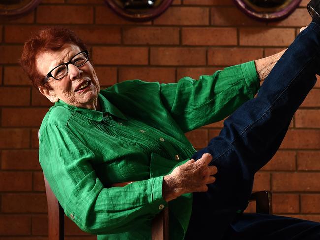 14/04/16 - Phyl Skinner has been entertaining people for over 80 years and is still full of life at 93 and a half.  Picture doing her signature move at the 'bango kick' at her Parkside home.Photo Tom Huntley