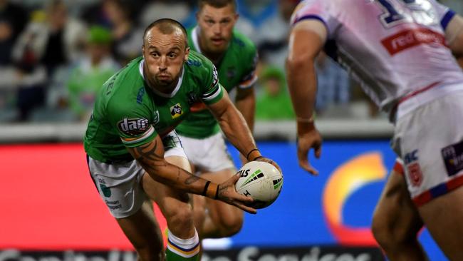 Hodgson in action during the Round 3 Canberra Raiders and Newcastle Knights match at GIO Stadium. Photo: Tracey Nearmy/Getty Images