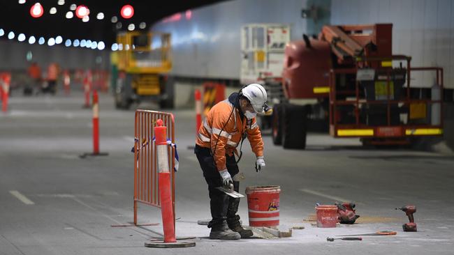 A worker in one of the M4 East tunnels. Picture: Dylan Coker