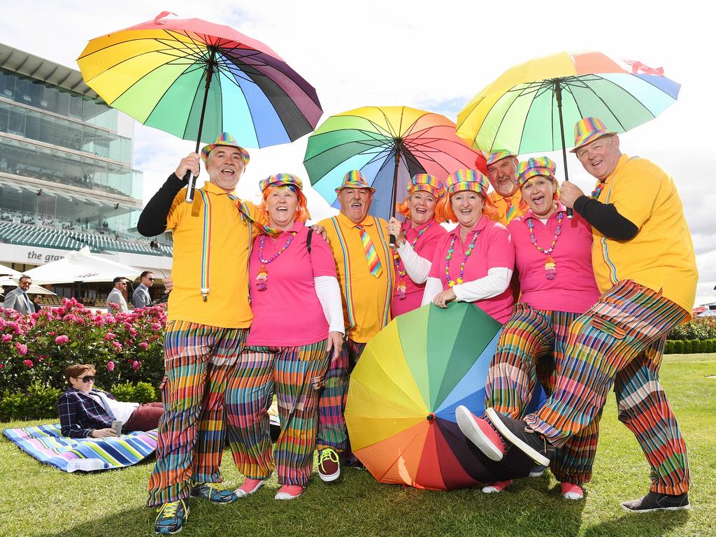 You couldn’t miss the Happy Wanderers from Scone ... David, Sharon, Jeff, Joan, Margo, Darryl, June, and Russell show plenty of colour. Picture: Jake Nowakowski